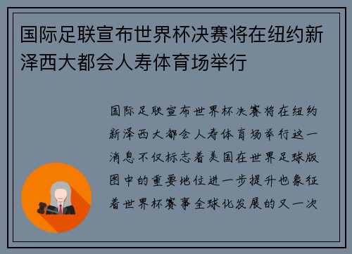 国际足联宣布世界杯决赛将在纽约新泽西大都会人寿体育场举行